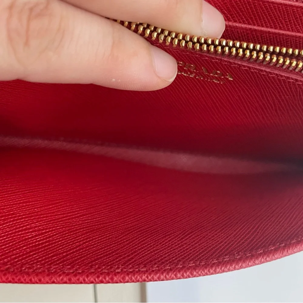 Prada - Saffiano Leather | Double Snap Long Wallet - Red | Gold Hardware - $1020 - Picture 13 of 16